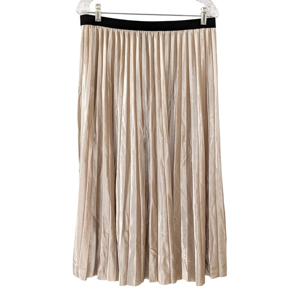 Velvet Pleated Midi Skirt L Champagne Beige Black Waist Holiday Party MetroWear